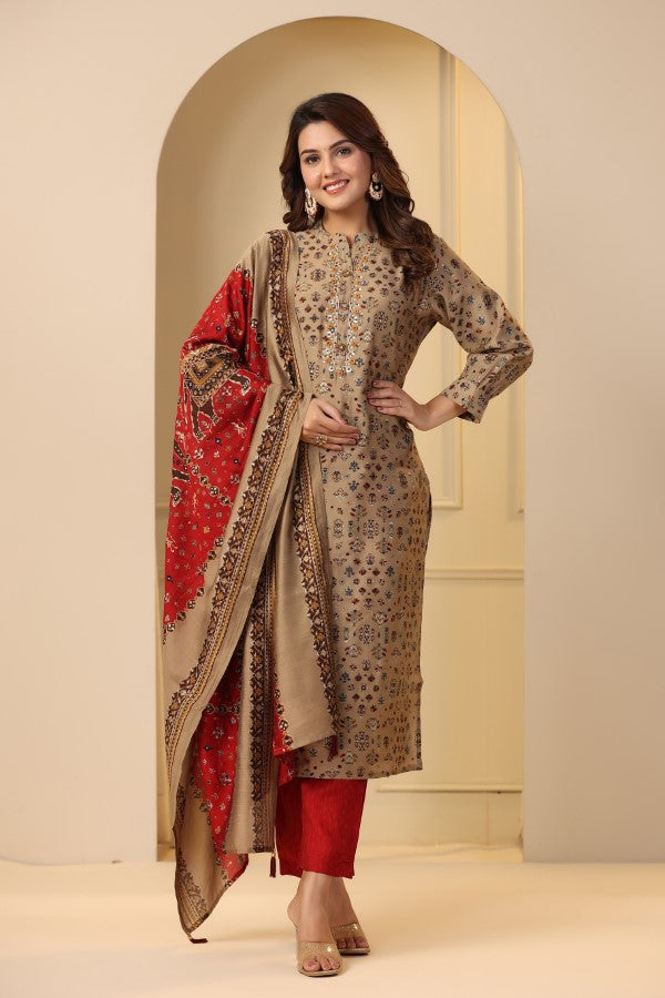 Beige Plaquette Handworked Straight-Cut Kurta Suit Set