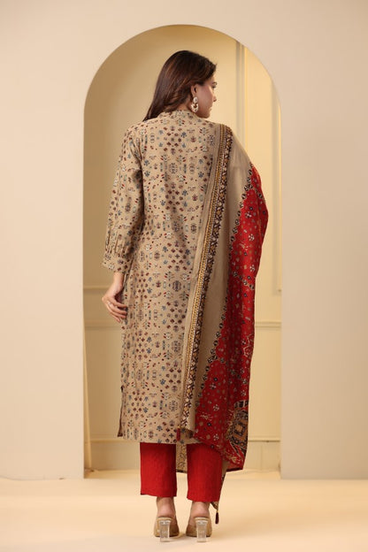 Beige Plaquette Handworked Straight-Cut Kurta Suit Set