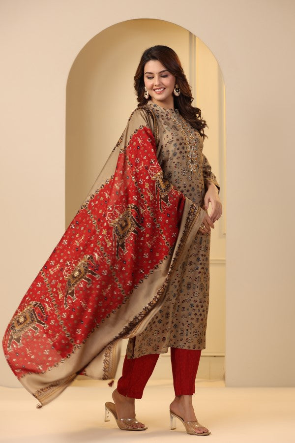 Beige Plaquette Handworked Straight-Cut Kurta Suit Set