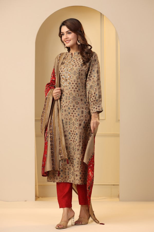 Beige Plaquette Handworked Straight-Cut Kurta Suit Set
