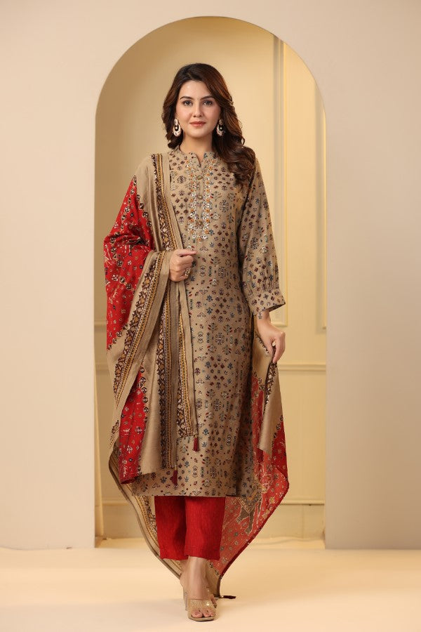 Beige Plaquette Handworked Straight-Cut Kurta Suit Set