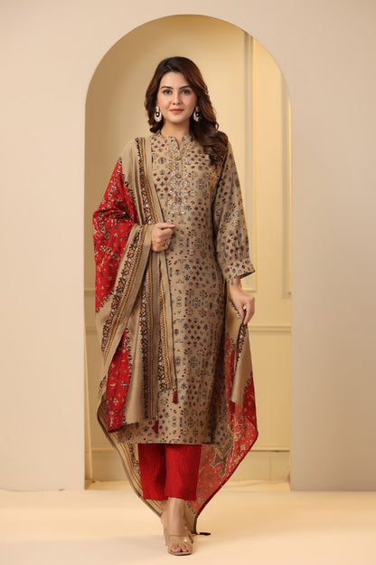 Beige Plaquette Handworked Straight-Cut Kurta Suit Set