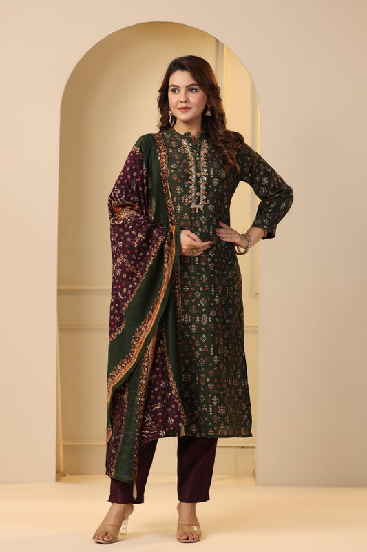 Olive Green Plaquette Handworked Straight-Cut Kurta Suit Set