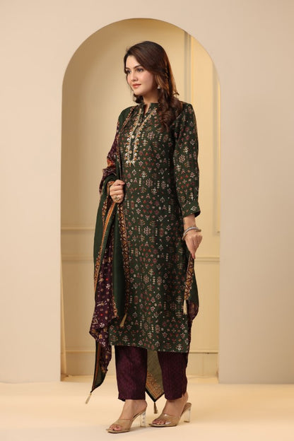 Olive Green Plaquette Handworked Straight-Cut Kurta Suit Set