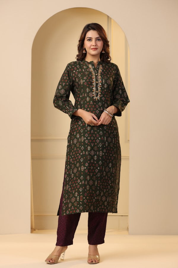 Olive Green Plaquette Handworked Straight-Cut Kurta Suit Set