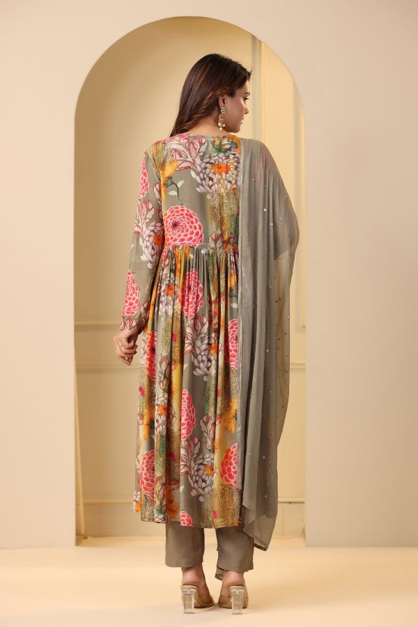 Grey Floral Print Handworked Alia-Cut Anarkali Kurta Suit Set