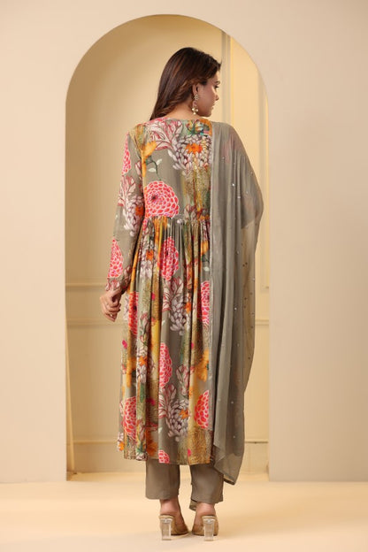 Grey Floral Print Handworked Alia-Cut Anarkali Kurta Suit Set