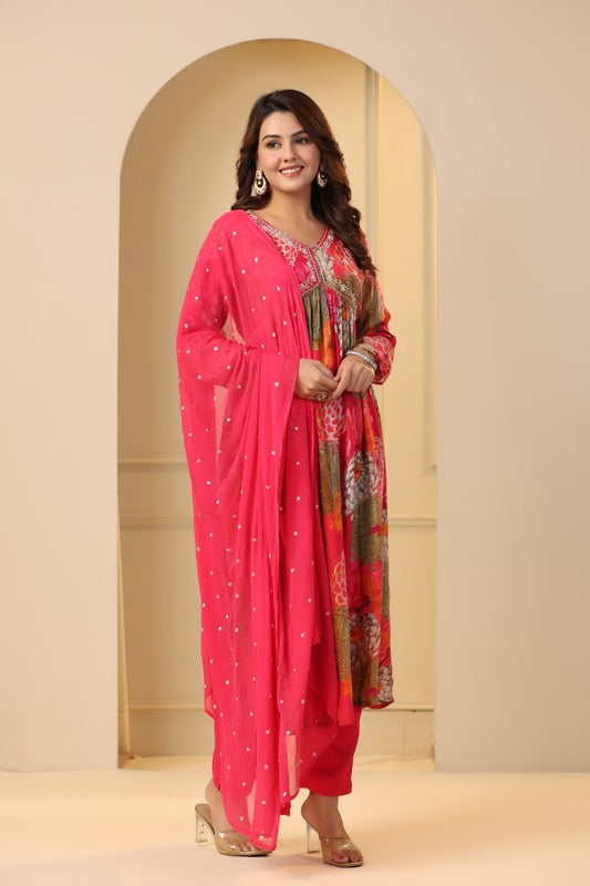 Pink Floral Handwork Alia cut Anarkali Suit Set