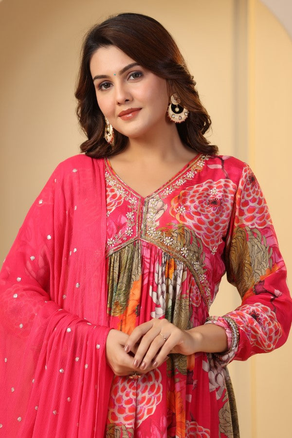 Pink Floral Handwork Alia cut Anarkali Suit Set