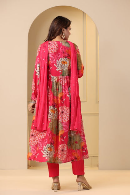 Pink Floral Handwork Alia cut Anarkali Suit Set