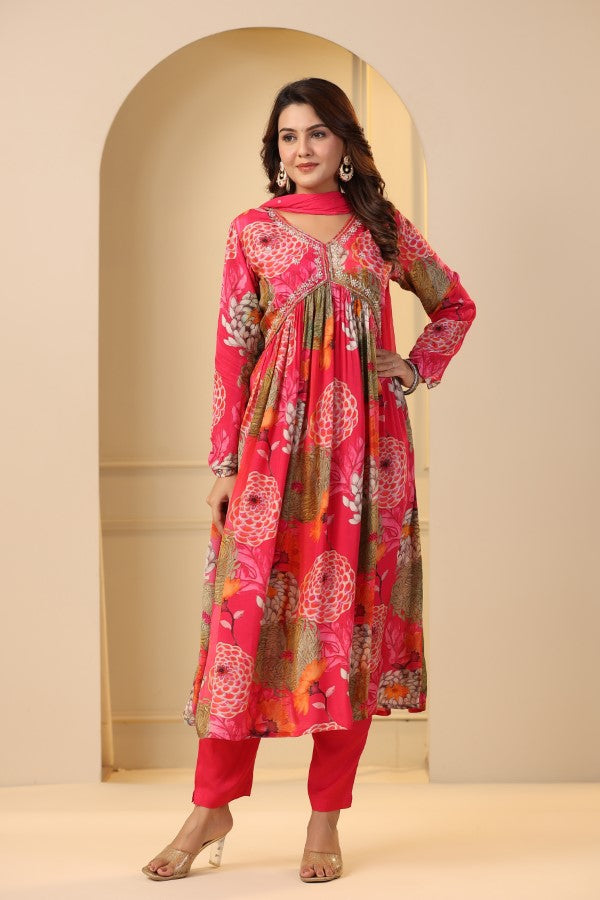 Pink Floral Handwork Alia cut Anarkali Suit Set