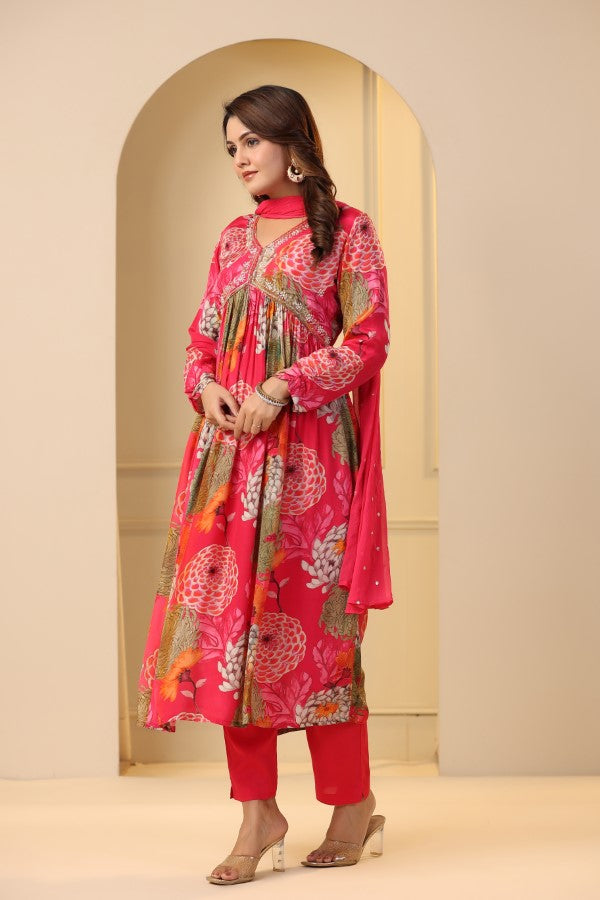 Pink Floral Handwork Alia cut Anarkali Suit Set