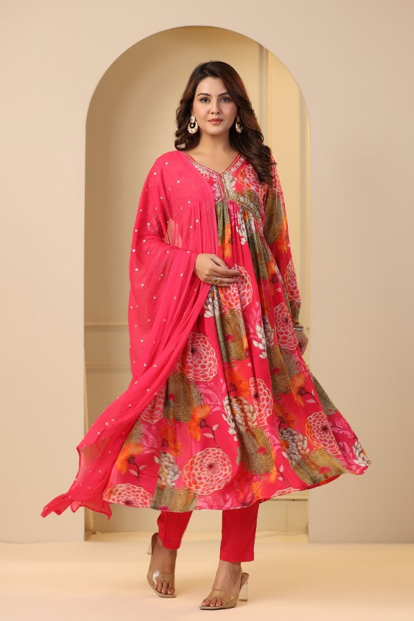 Pink Floral Handwork Alia cut Anarkali Suit Set