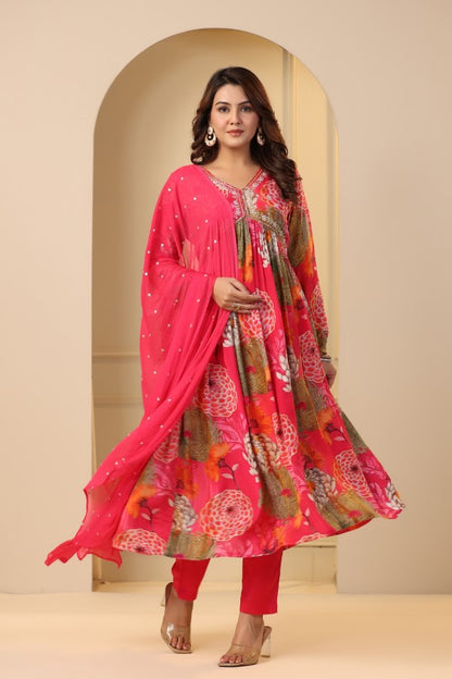 Pink Floral Handwork Alia cut Anarkali Suit Set