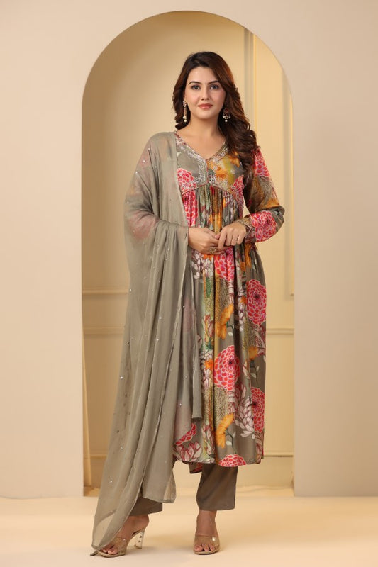 Grey Floral Print Handworked Alia-Cut Anarkali Kurta Suit Set