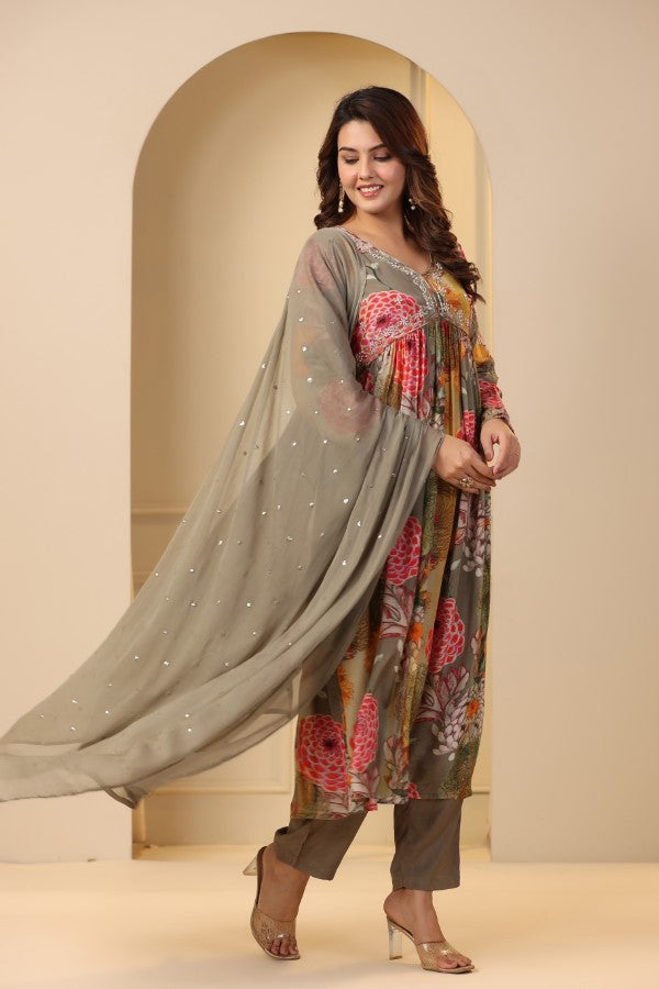 Grey Floral Print Handworked Alia-Cut Anarkali Kurta Suit Set