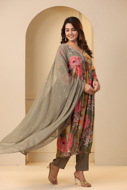 Grey Floral Print Handworked Alia-Cut Anarkali Kurta Suit Set