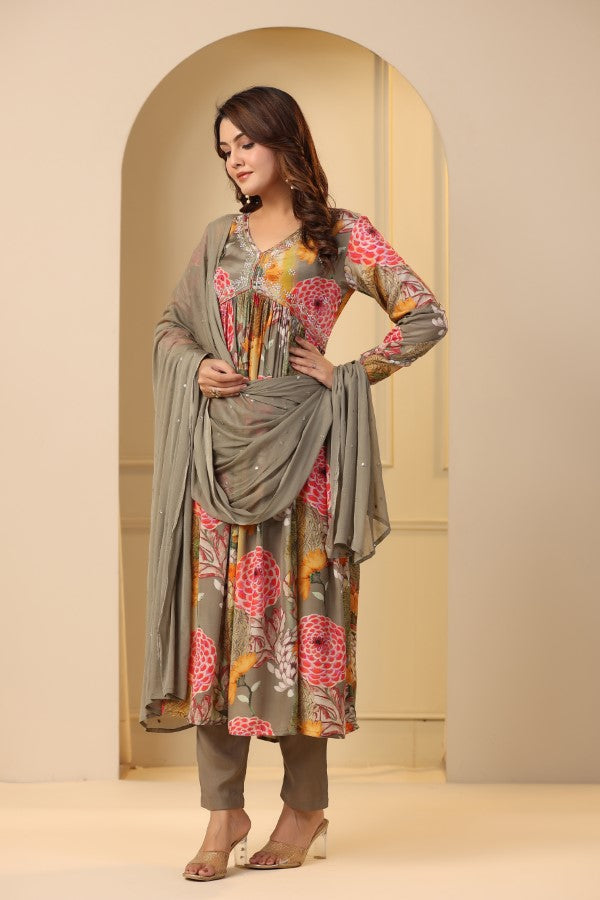 Grey Floral Print Handworked Alia-Cut Anarkali Kurta Suit Set
