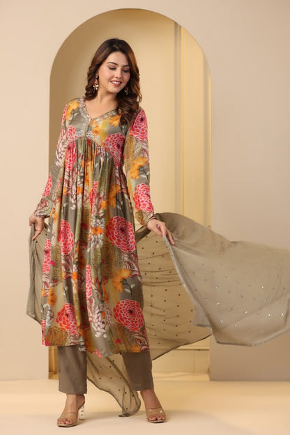 Grey Floral Print Handworked Alia-Cut Anarkali Kurta Suit Set