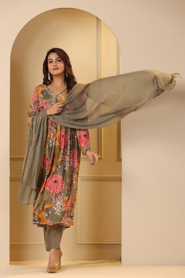 Grey Floral Print Handworked Alia-Cut Anarkali Kurta Suit Set