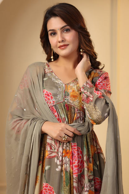 Grey Floral Print Handworked Alia-Cut Anarkali Kurta Suit Set