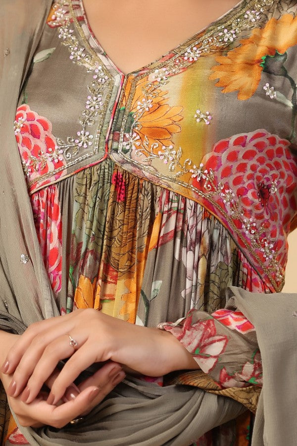 Grey Floral Print Handworked Alia-Cut Anarkali Kurta Suit Set