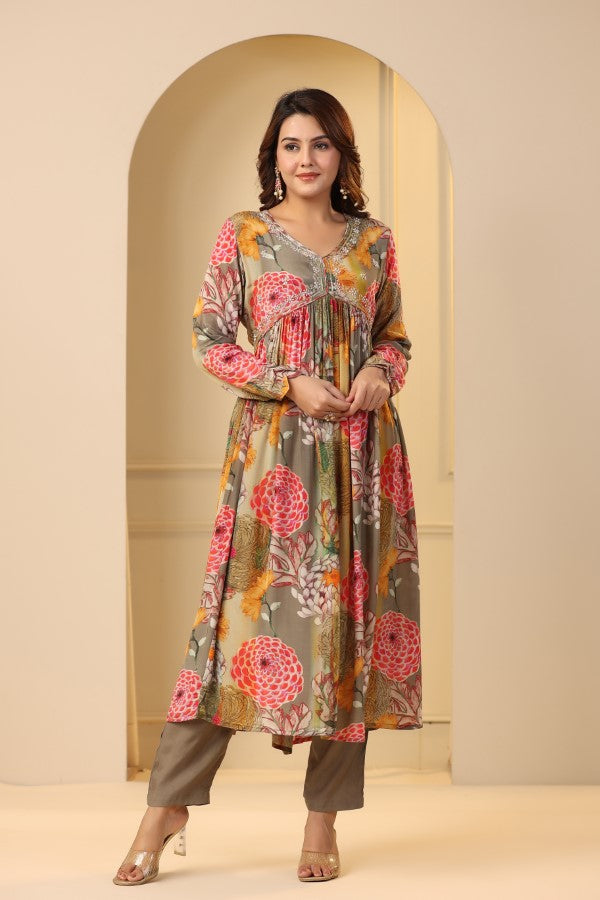 Grey Floral Print Handworked Alia-Cut Anarkali Kurta Suit Set