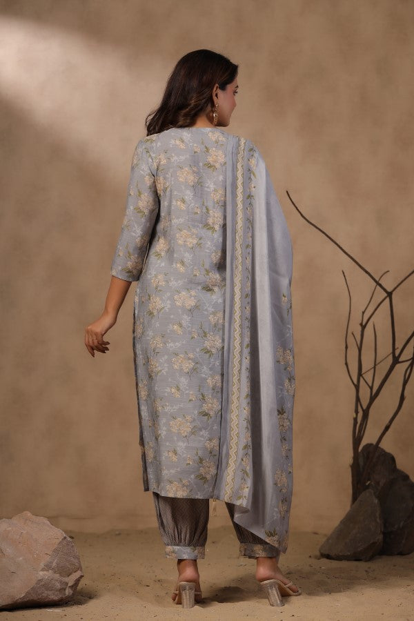 Grey Floral Handworked Straight-Cut Kurta Set