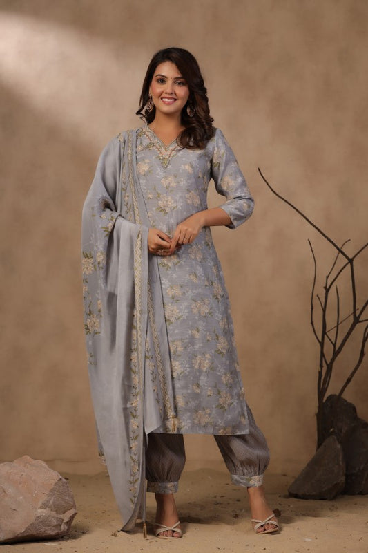 Grey Floral Handworked Straight-Cut Kurta Set
