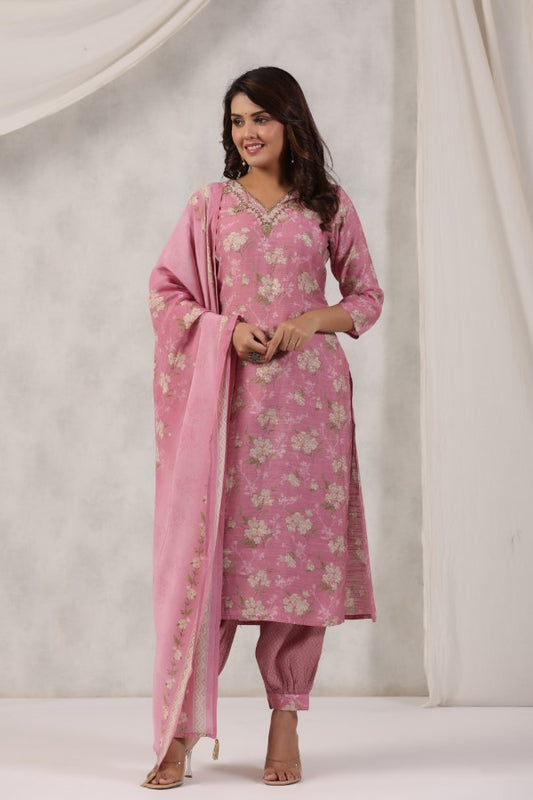 Pink Floral Handworked Straight-Cut Kurta Set