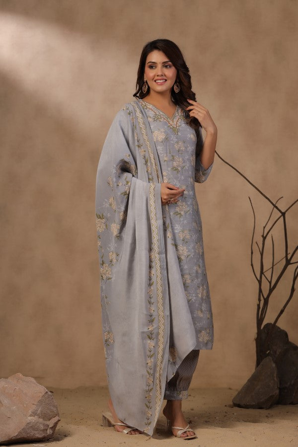 Grey Floral Handworked Straight-Cut Kurta Set