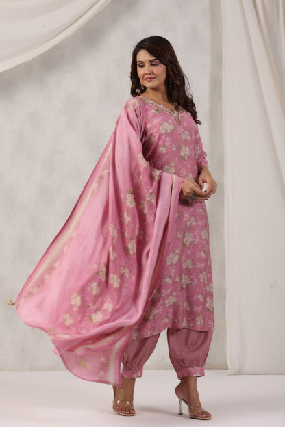 Pink Floral Handworked Straight-Cut Kurta Set