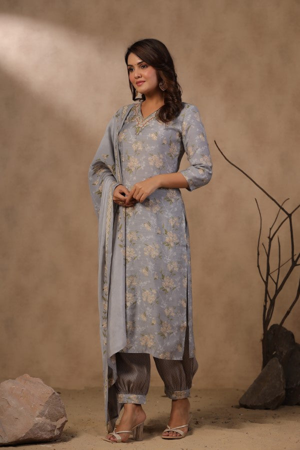 Grey Floral Handworked Straight-Cut Kurta Set