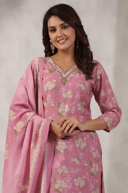 Pink Floral Handworked Straight-Cut Kurta Set