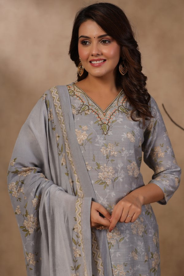 Grey Floral Handworked Straight-Cut Kurta Set