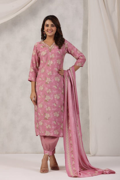 Pink Floral Handworked Straight-Cut Kurta Set