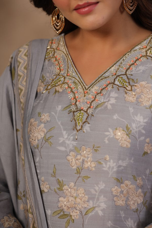 Grey Floral Handworked Straight-Cut Kurta Set