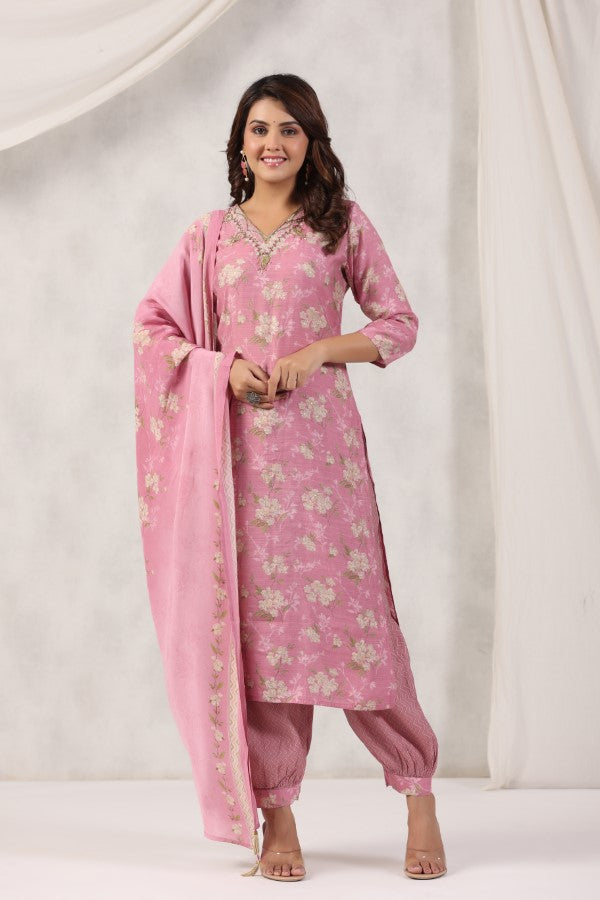 Pink Floral Handworked Straight-Cut Kurta Set