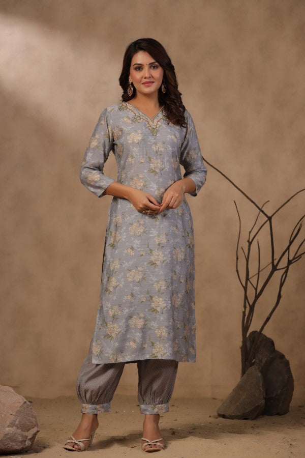 Grey Floral Handworked Straight-Cut Kurta Set