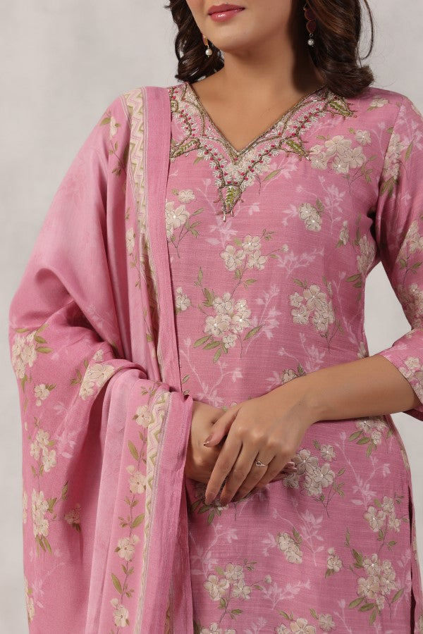 Pink Floral Handworked Straight-Cut Kurta Set