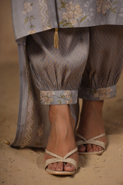 Grey Floral Handworked Straight-Cut Kurta Set