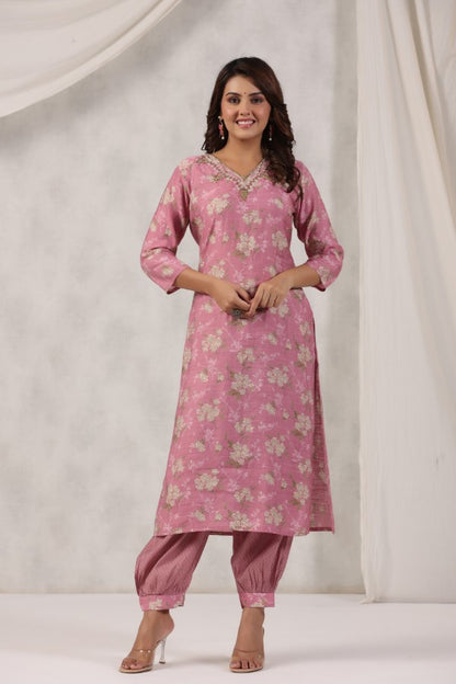 Pink Floral Handworked Straight-Cut Kurta Set