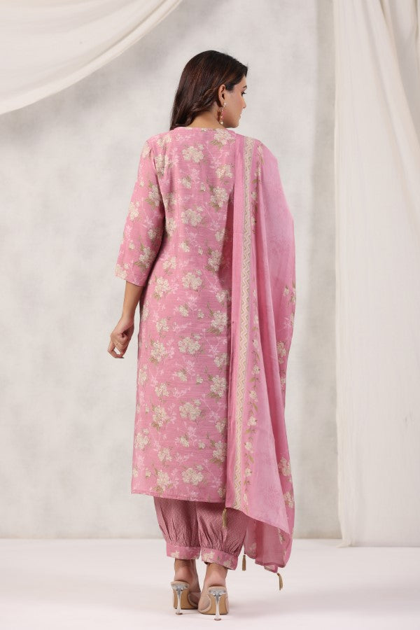 Pink Floral Handworked Straight-Cut Kurta Set
