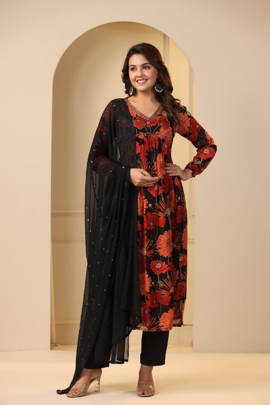 Red Floral Handworked Alia cut Suit