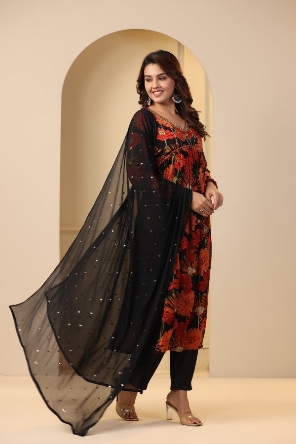 Red Floral Handworked Alia cut Suit