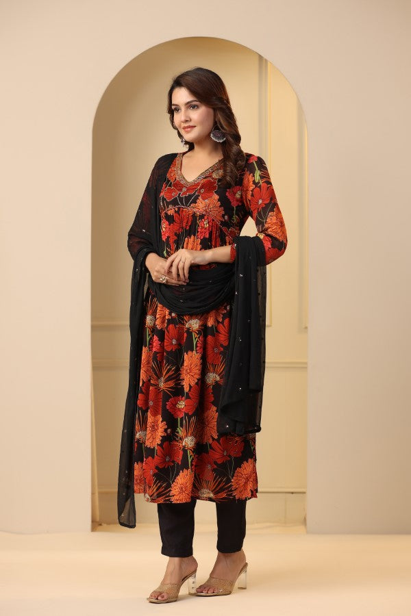 Red Floral Handworked Alia cut Suit