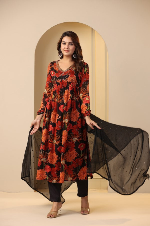 Red Floral Handworked Alia cut Suit