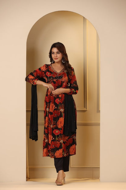 Red Floral Handworked Alia cut Suit