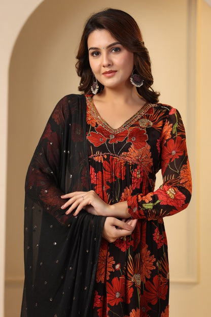 Red Floral Handworked Alia cut Suit