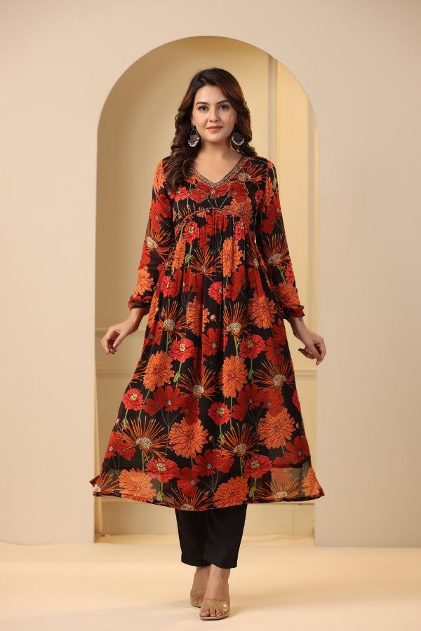 Red Floral Handworked Alia cut Suit